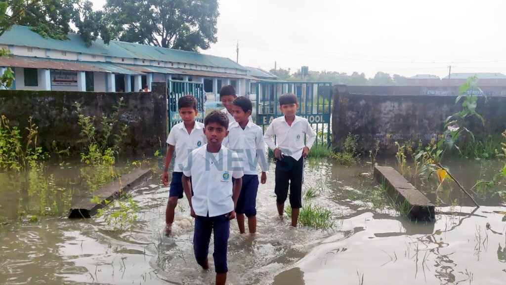 অতিভারী বৃষ্টিতে জলের তলায় ফুলবাড়ী জটিয়াকালী নিম্নবুনিয়াদি প্রাথমিক স্কুল
